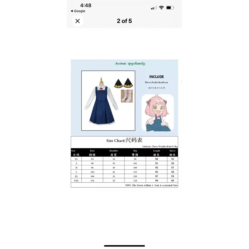 Adults Anya Forger Cosplay Costume Anime Spy x Family Blue Dress Cute.  Size 2XL